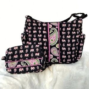 Vera Bradley Black and Pink Paisley Shoulder cross over + matching makeup Bag